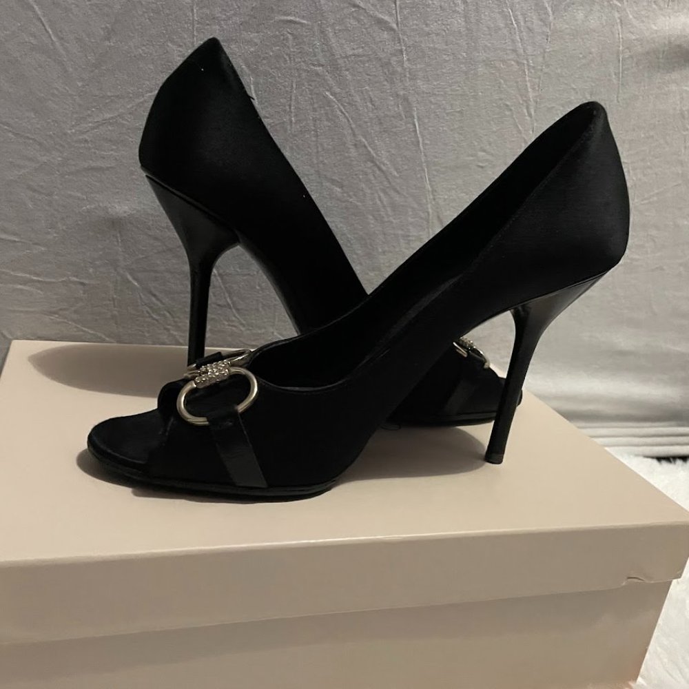 GUCCI Horsebit GG Black Satin Leather Peep Toe Heels Pump 40 US10